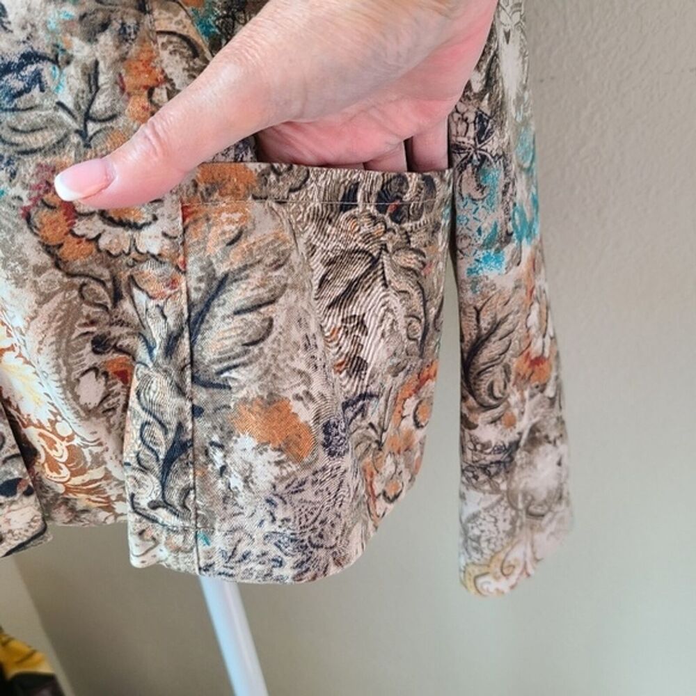 Chicos Floral Jacket 1 / Medium Cotton Spandex Button Up Collar Long Sleeve - Picture 2 of 13